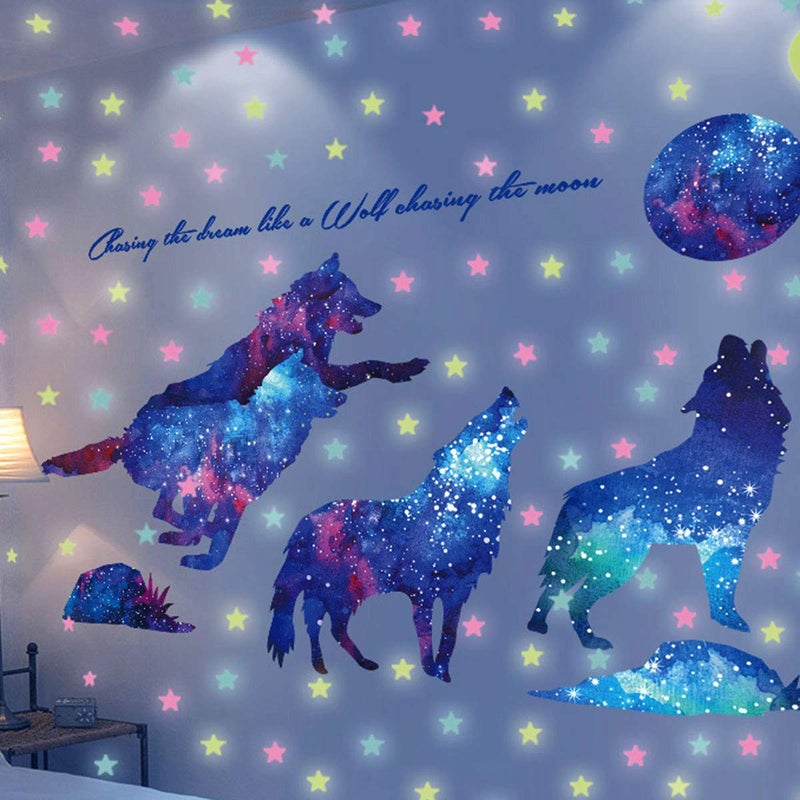 RUIPBOTE Starry Sky Galaxy Wolf Room Decor Wall Decal and Glow Moon Star Stickers RUIPBOTE Teen Bedroom Wall Decor Murals - Image 1